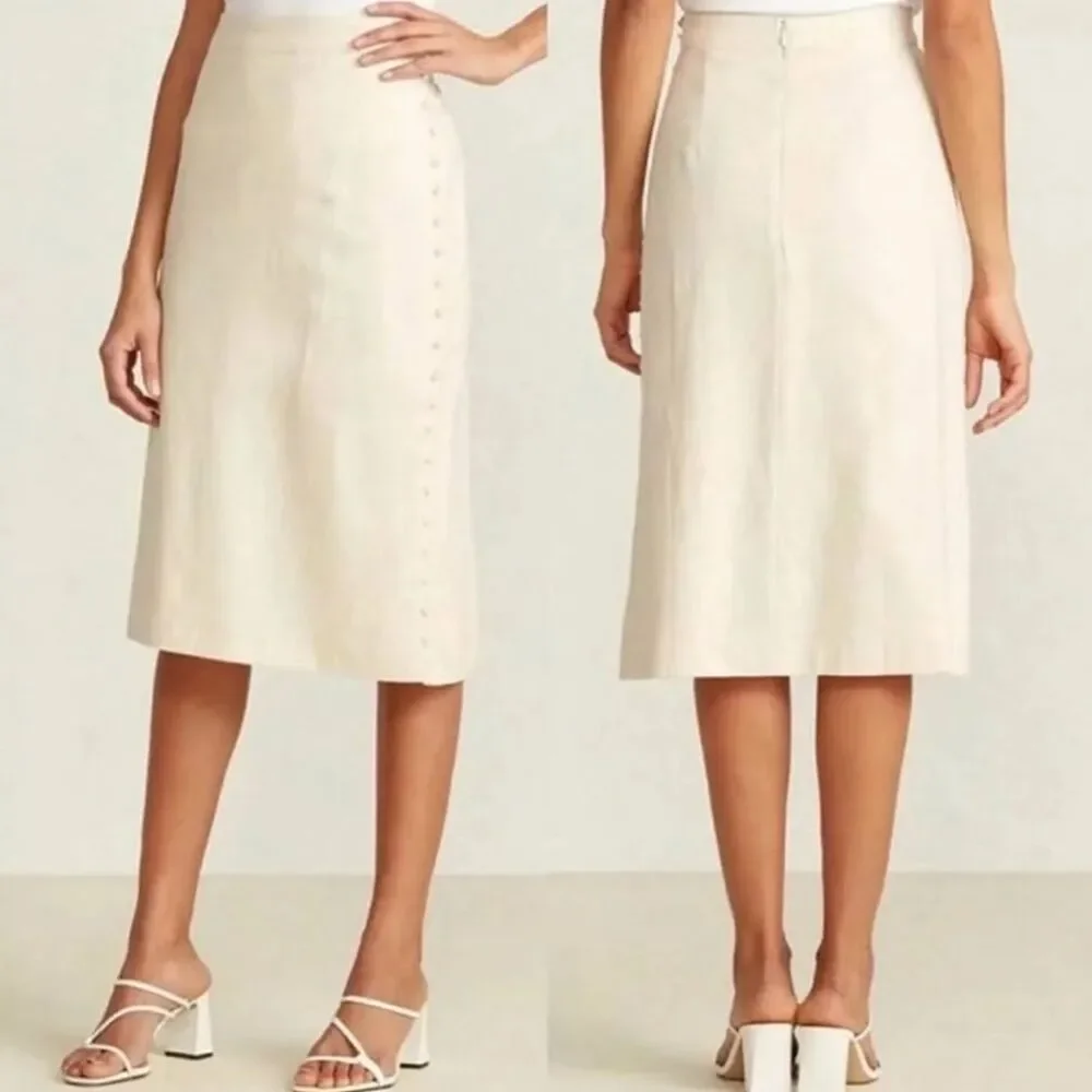 Madewell Linen Blend Side Button Midi Skirt Womens Sz 6 Cream Faux Wrap NEW